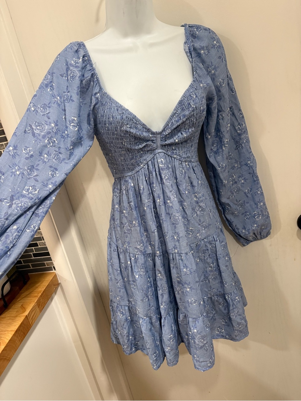 Smocked Cottagecore babydoll  Bodice Blue Floral Mini Dress